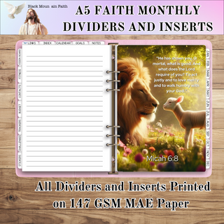 A5 RINGS  FAITH Monthly Dividers and Monthly Inserts      MAE Planner Inserts