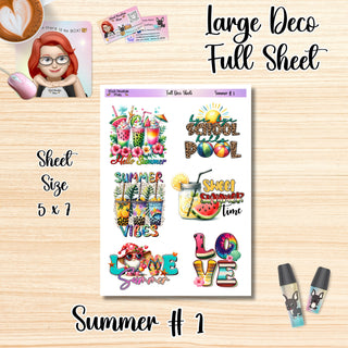 SUMMER 1 Full Size Sheet of Larger Size Deco Stickers