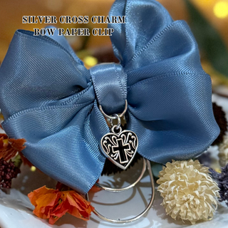 Silver Heart Cross Charm Triple Layer Satin Bow Planner Clip