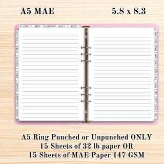 A5 MAE    Lined Notes Pages     MAE Planner Inserts