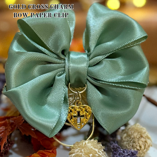Gold Heart Cross Charm Triple Layer Satin Bow Planner Clip